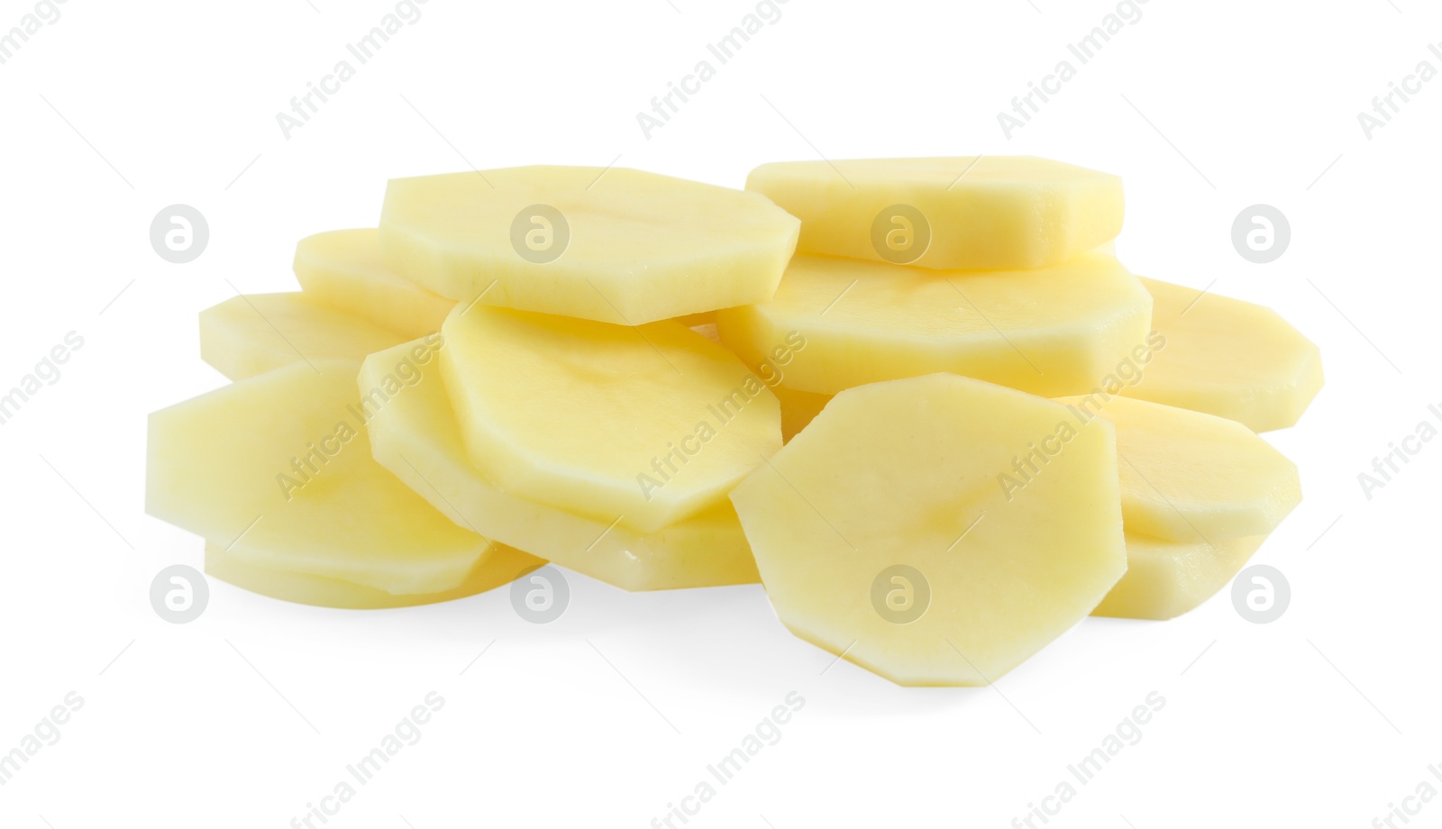 Photo of Cut fresh raw potatoes isolated on white