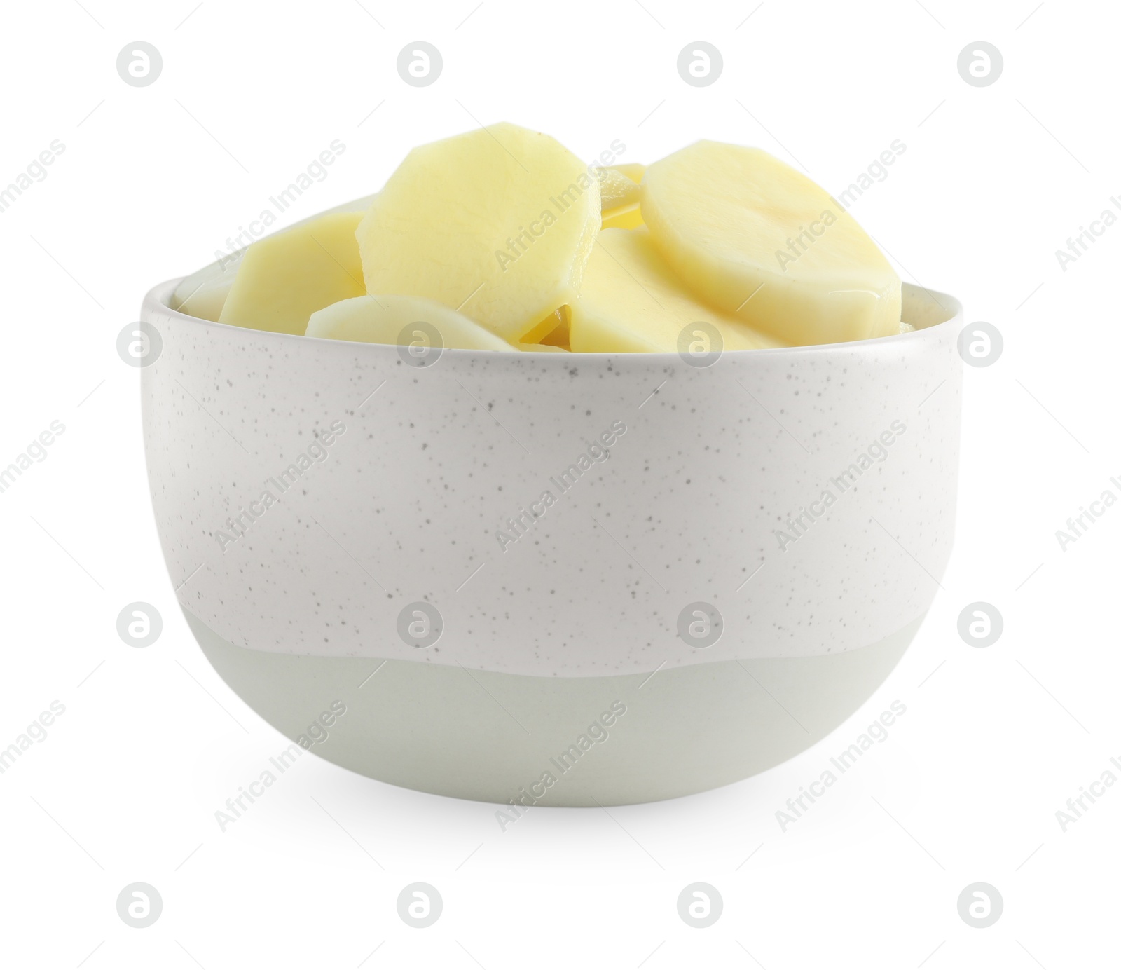 Photo of Fresh raw potatoes in bowl isolated on white