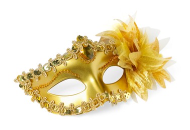 Photo of Beautiful golden carnival mask isolated on white