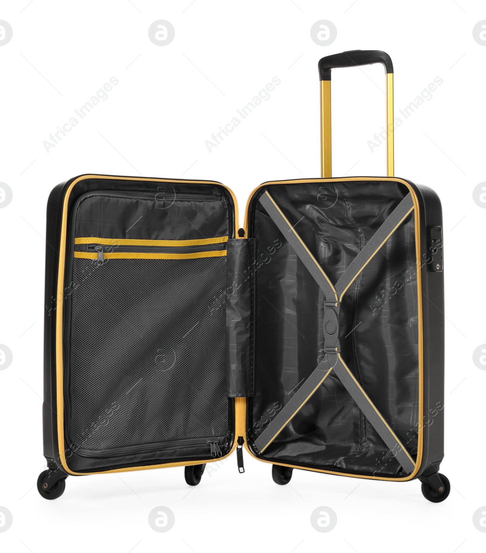 Photo of Open empty suitcase for travelling isolated on white