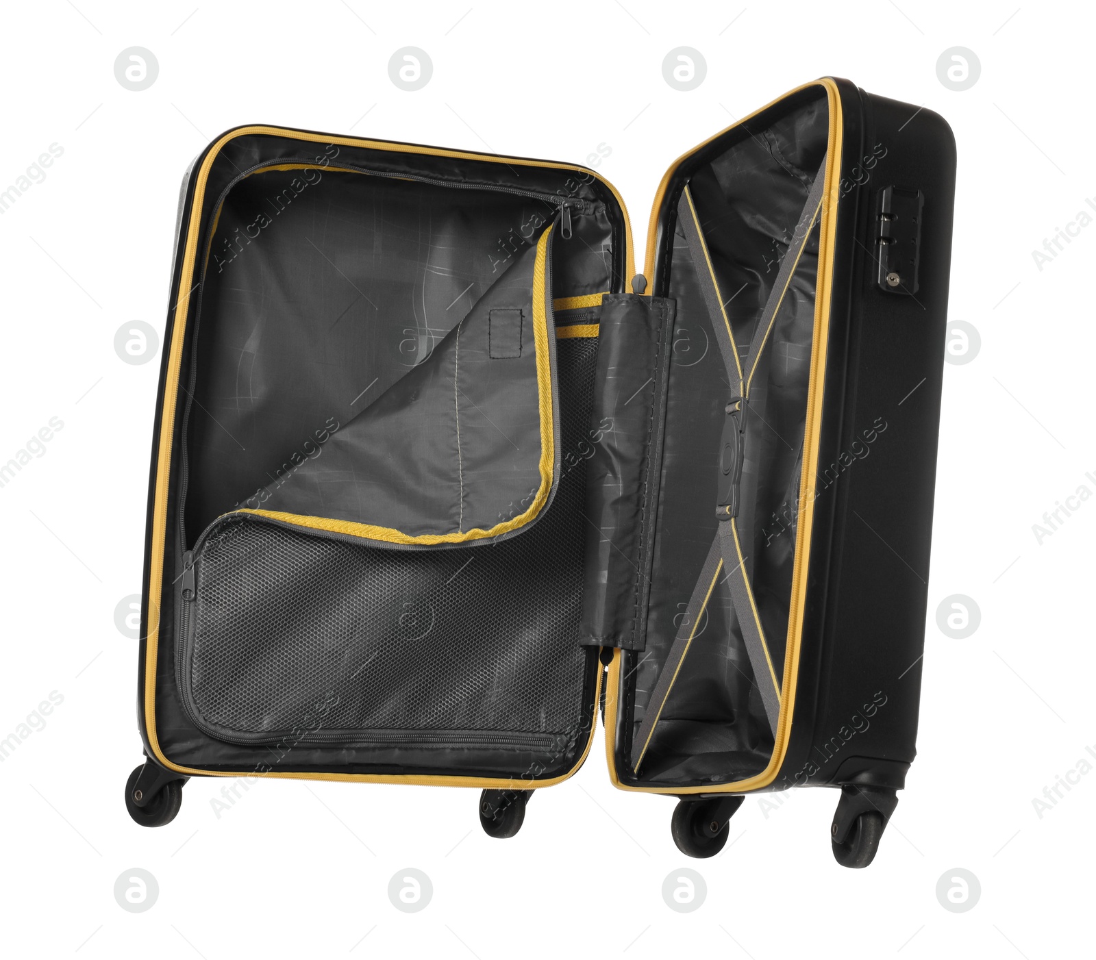 Photo of Open empty suitcase for travelling in air isolated on white