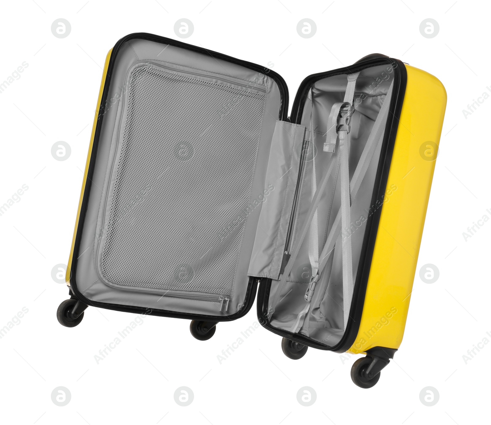 Photo of Open empty suitcase for travelling in air isolated on white