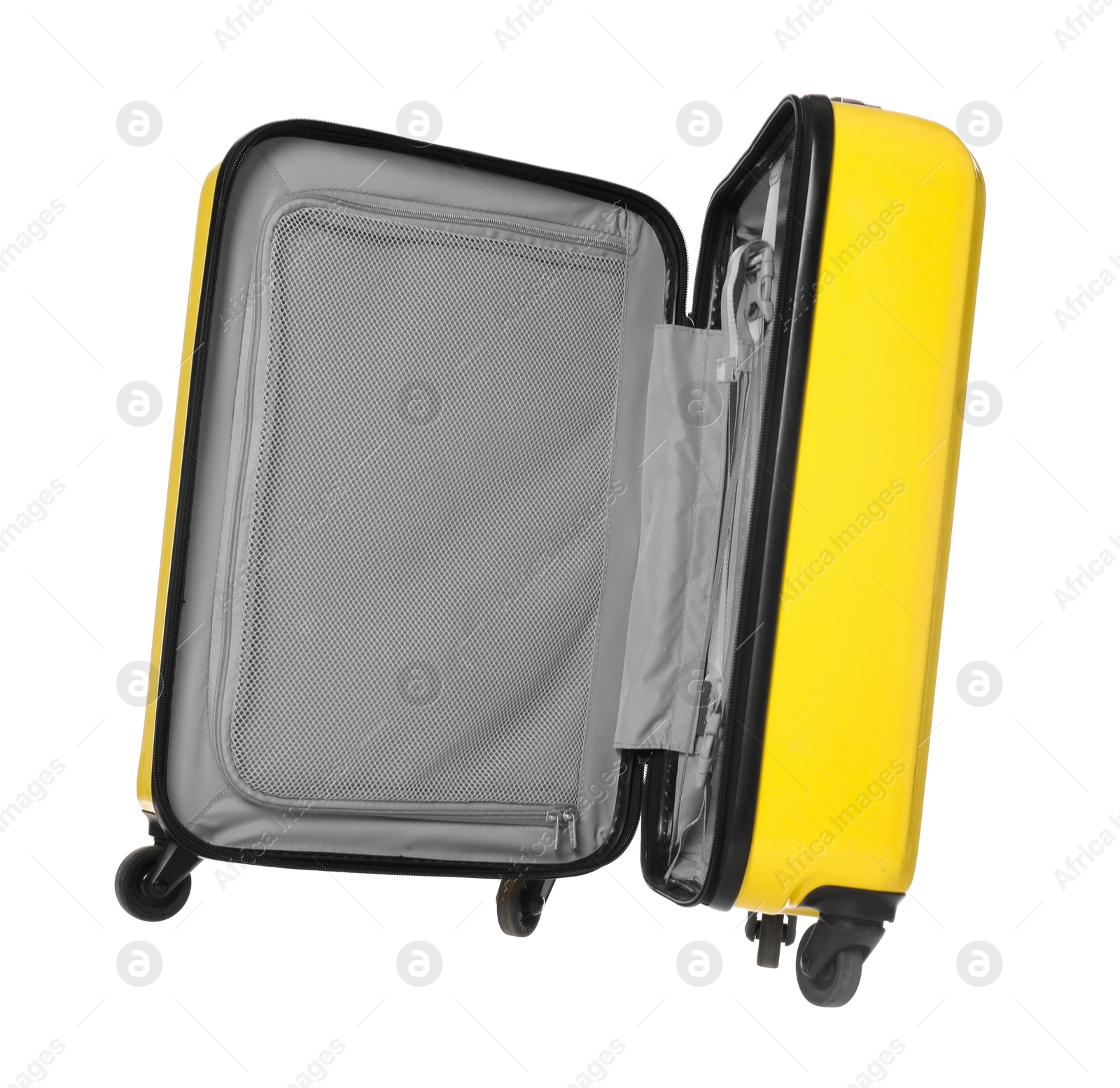 Photo of Open empty suitcase for travelling in air isolated on white