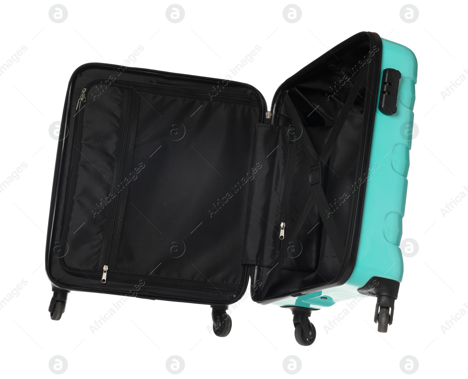 Photo of Open empty suitcase for travelling in air isolated on white