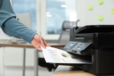 Photo of Woman using modern printer at workplace indoors, closeup