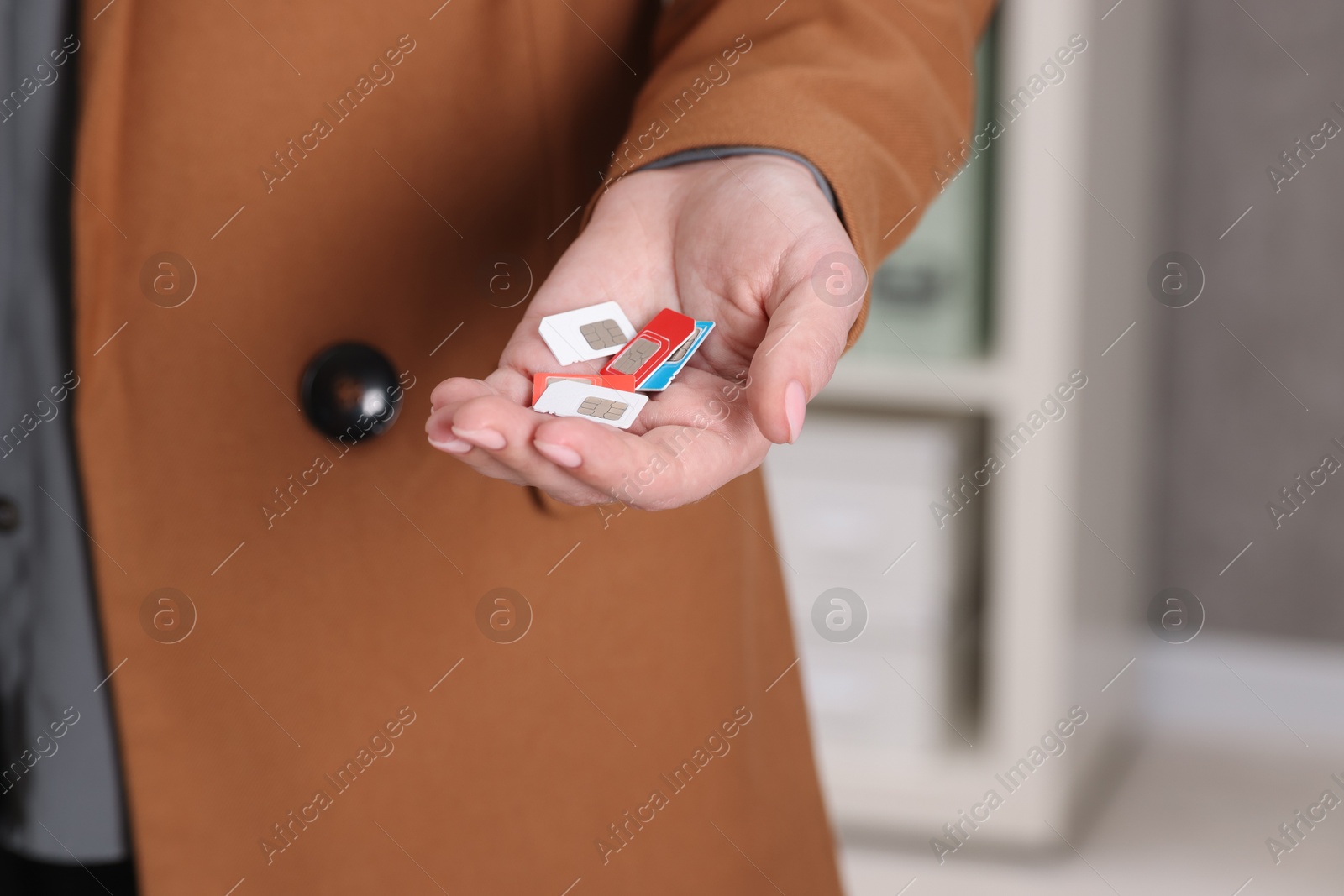 Photo of Woman holding SIM cards indoors, closeup view