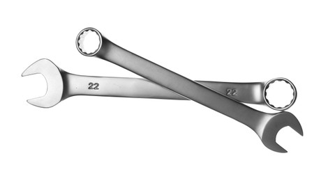 Two ratcheting wrenches isolated on white, top view. Auto mechanic tools