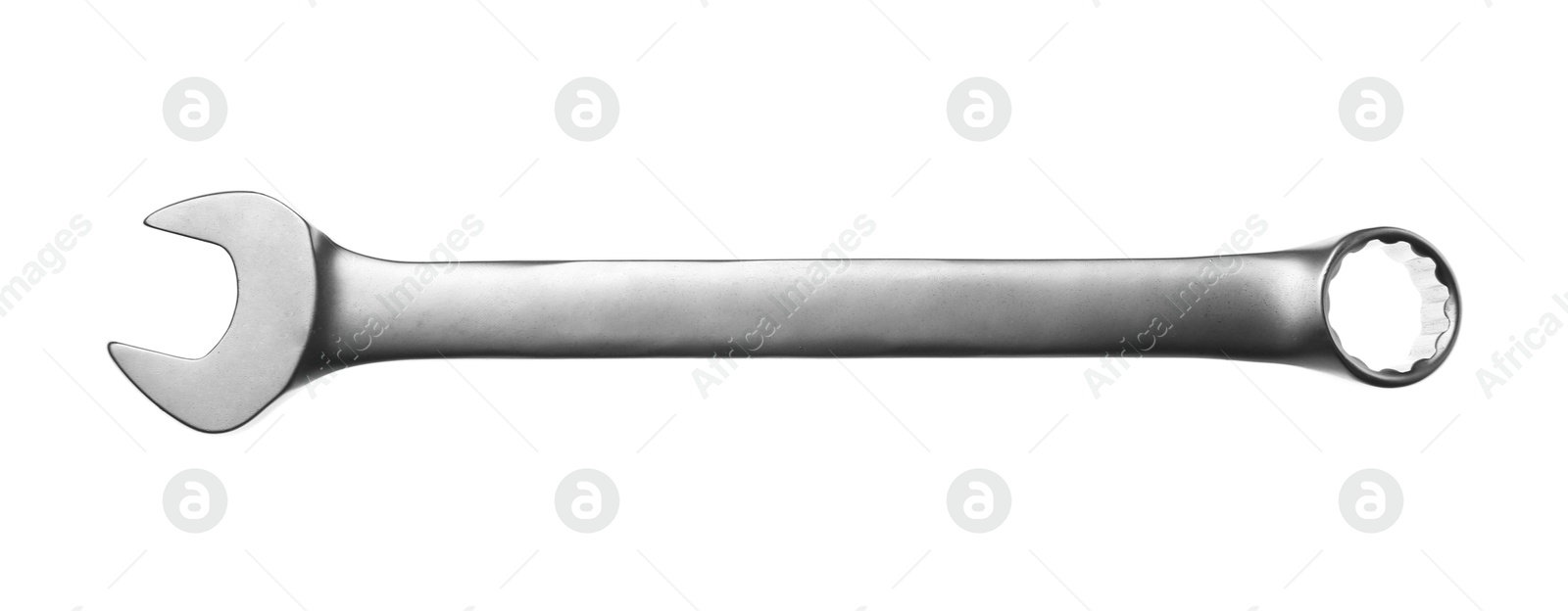 Photo of One ratcheting wrench isolated on white, top view. Auto mechanic tool