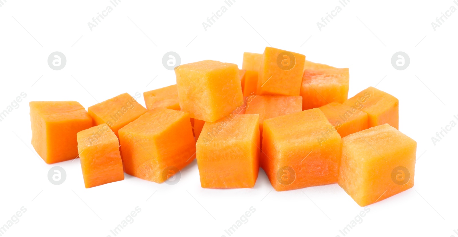 Photo of Pieces of fresh ripe carrot isolated on white