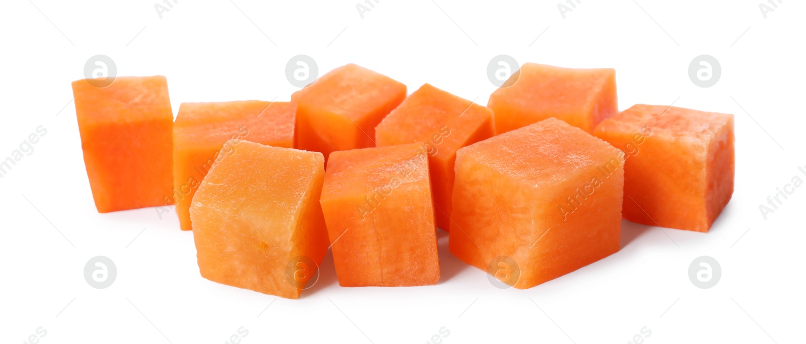 Photo of Pieces of fresh ripe carrot isolated on white