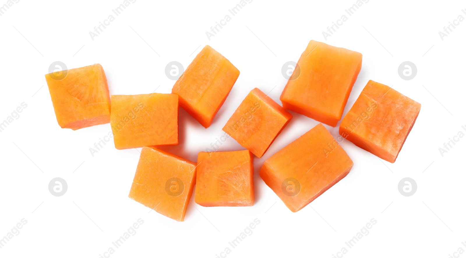 Photo of Pieces of fresh ripe carrot isolated on white, top view