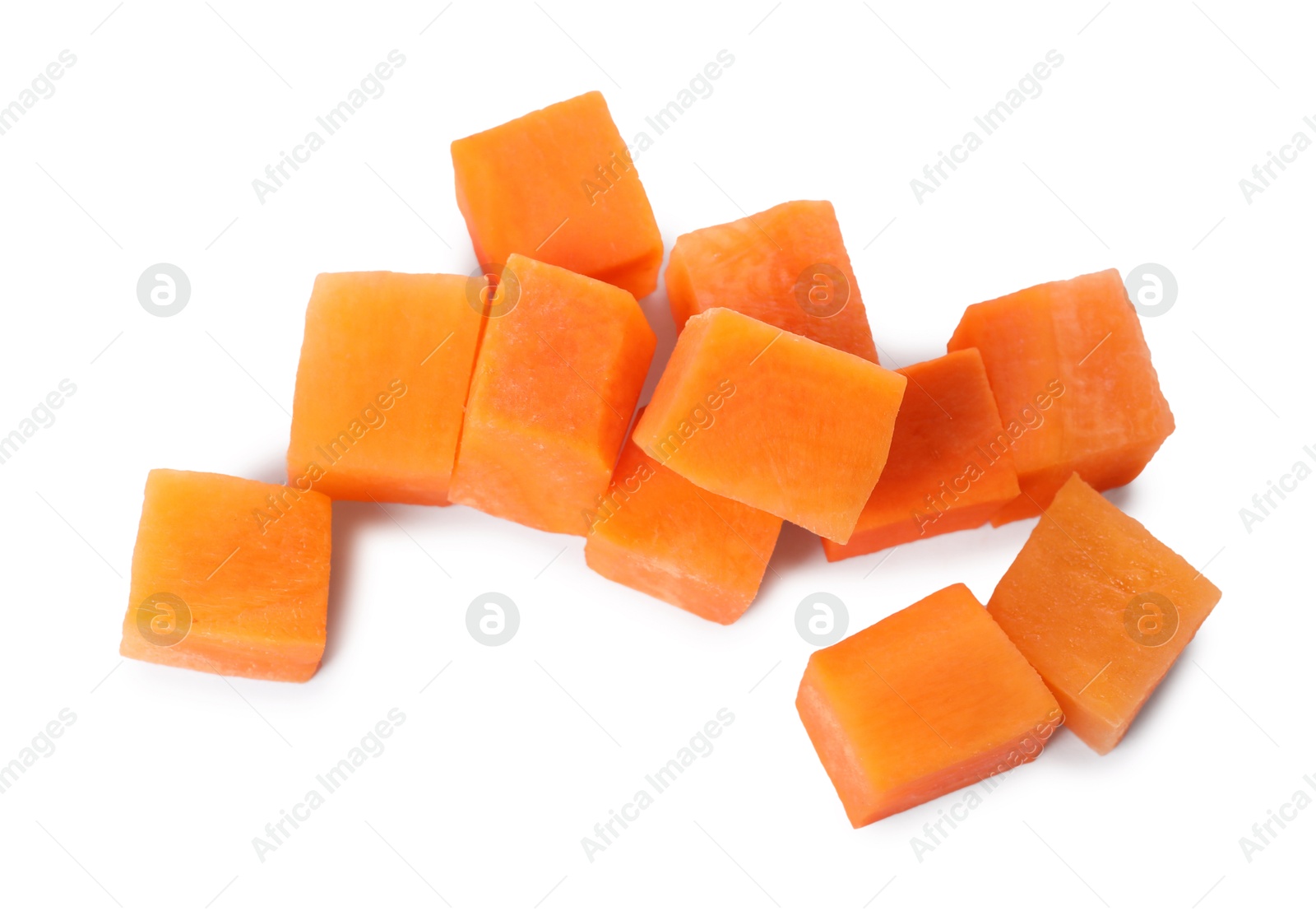 Photo of Pieces of fresh ripe carrot isolated on white, above view