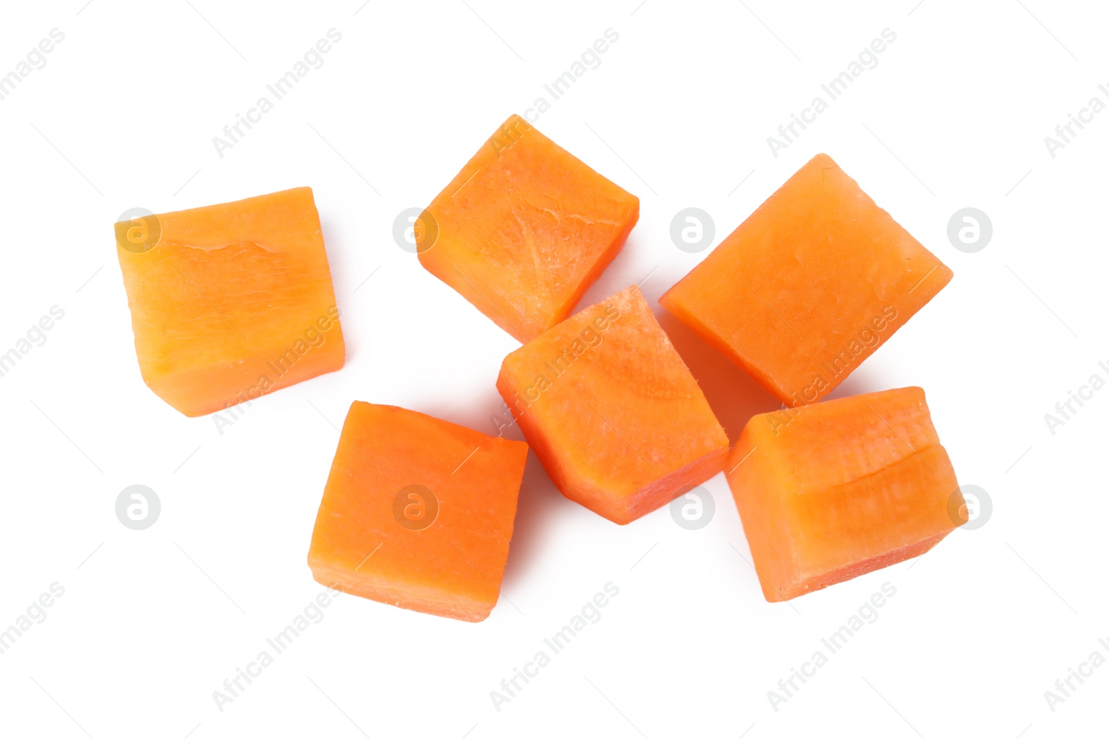 Photo of Pieces of fresh ripe carrot isolated on white, top view