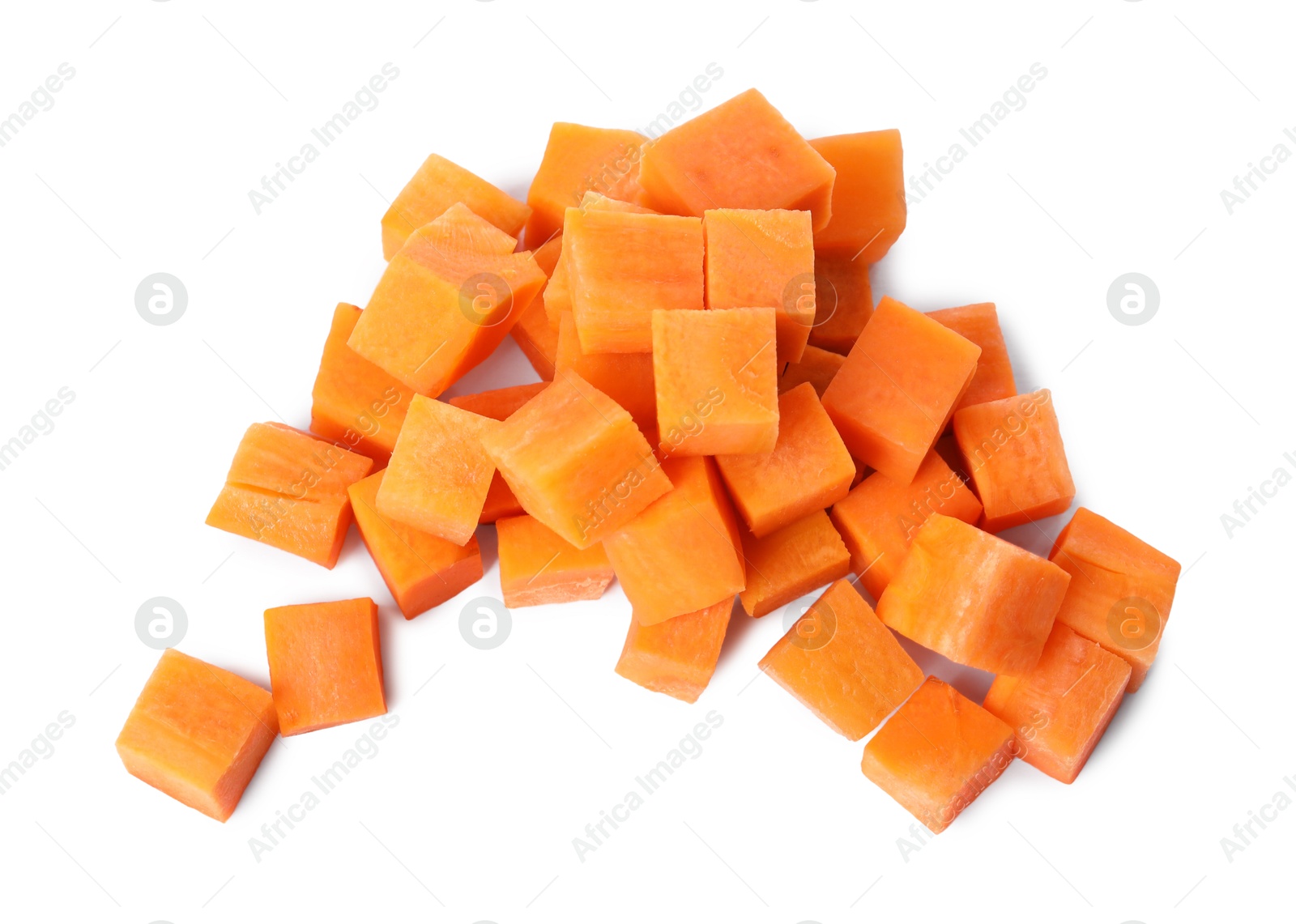 Photo of Pieces of fresh ripe carrot isolated on white, top view