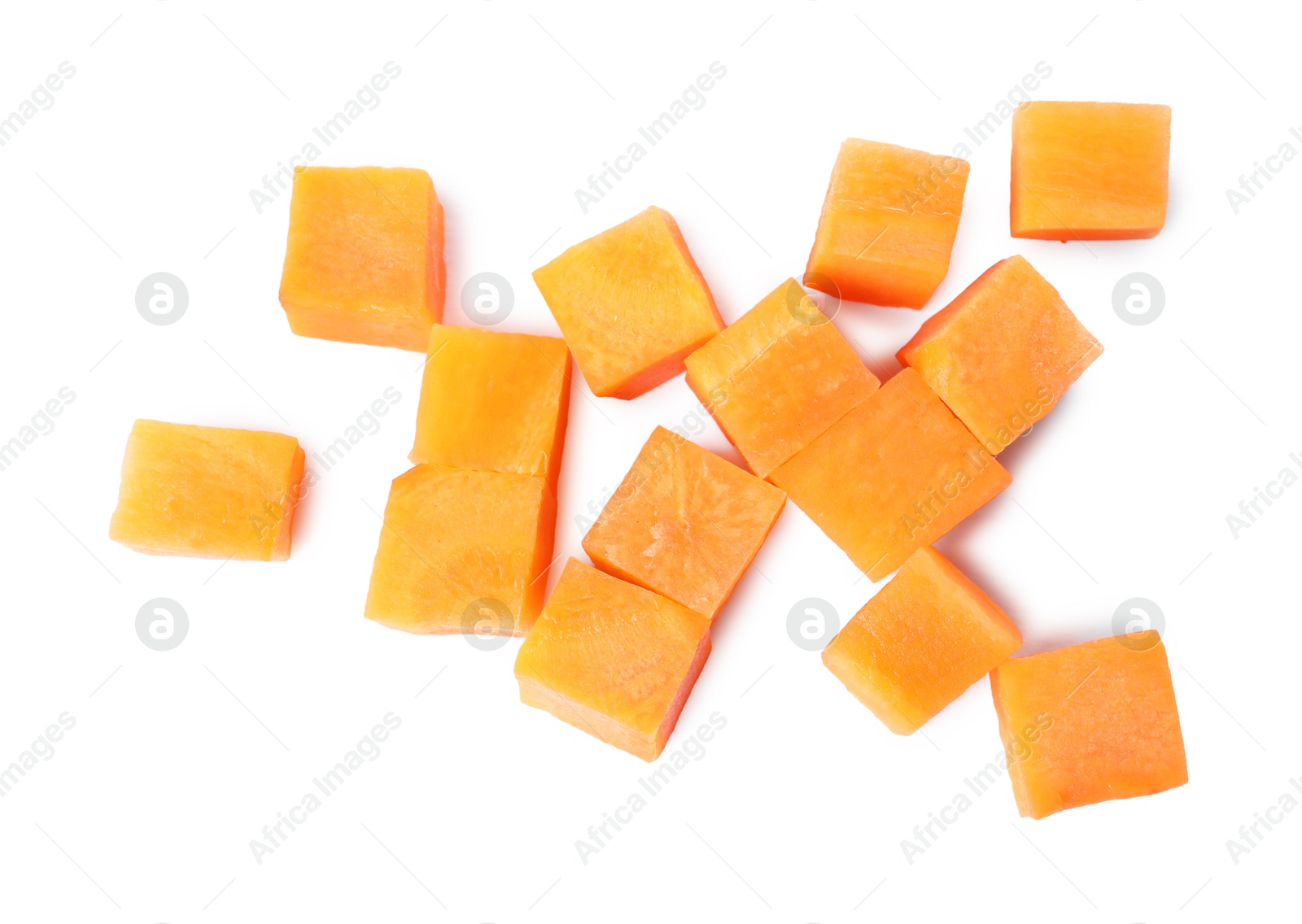 Photo of Pieces of fresh ripe carrot isolated on white, top view