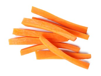 Photo of Fresh ripe carrot sticks isolated on white, top view