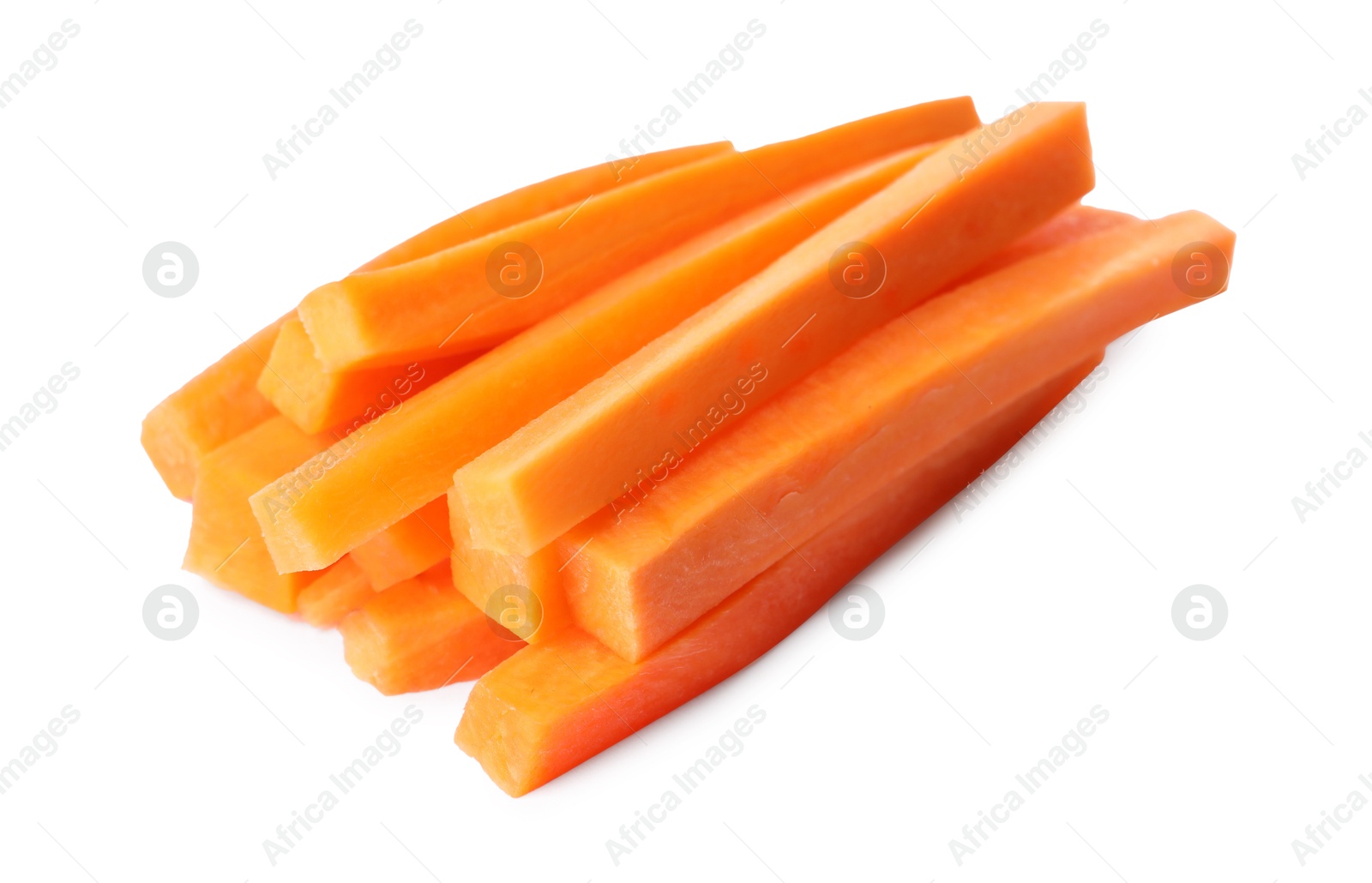 Photo of Fresh ripe carrot sticks isolated on white