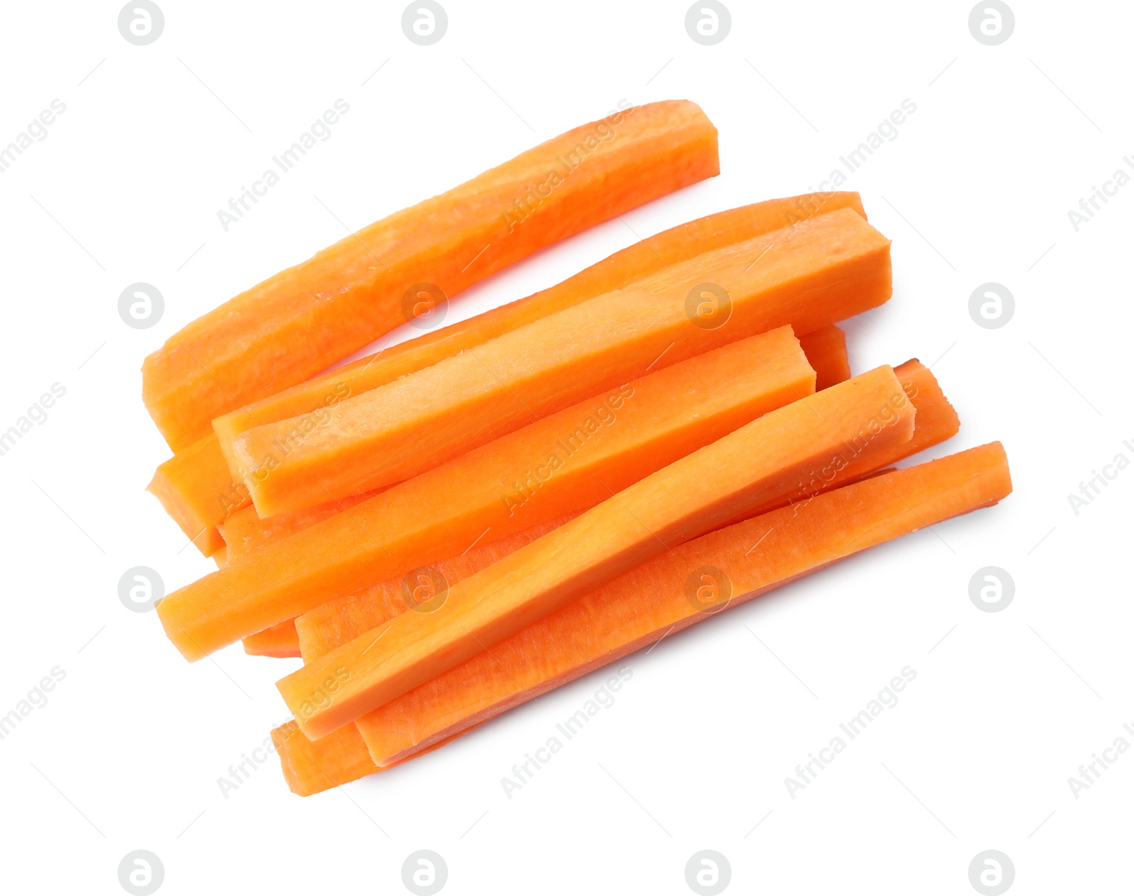 Photo of Fresh ripe carrot sticks isolated on white