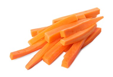 Fresh ripe carrot sticks isolated on white