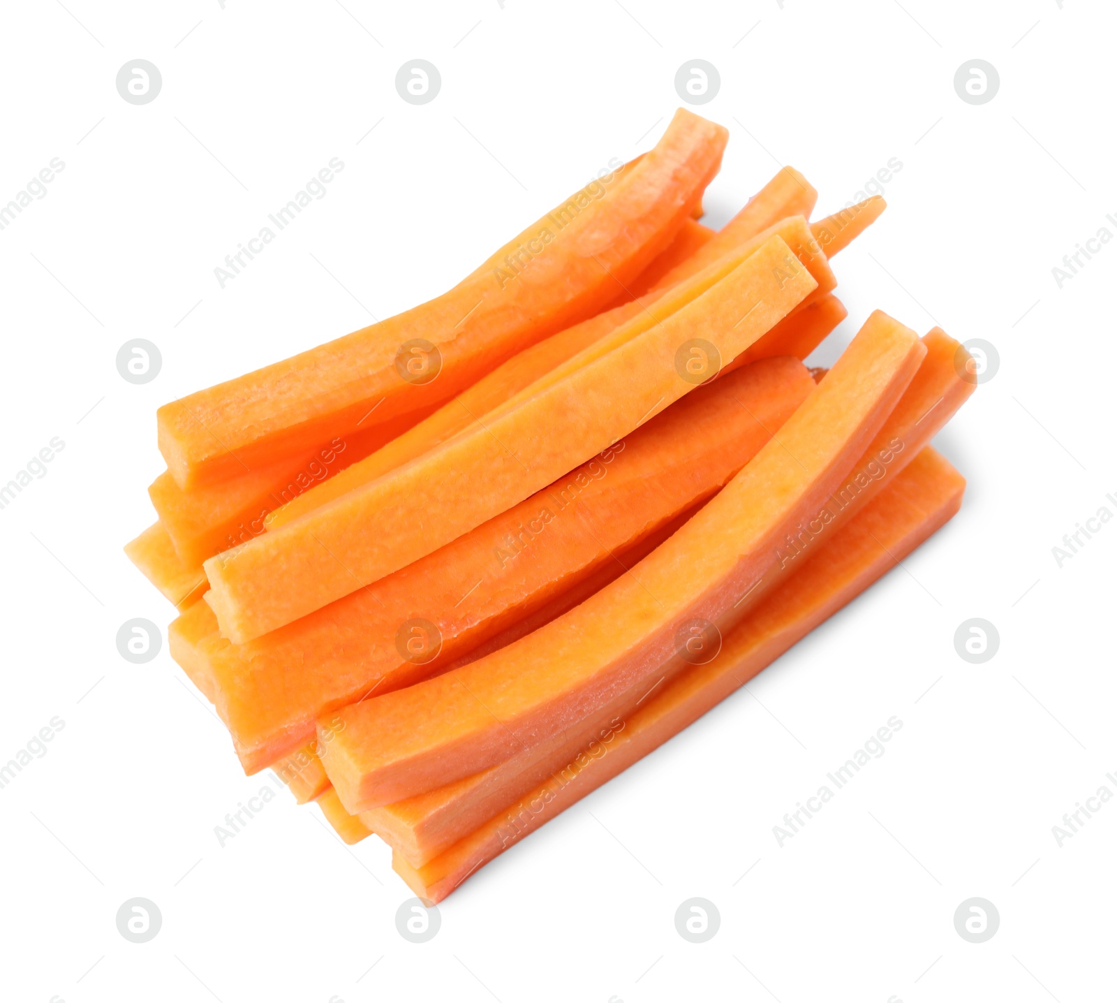 Photo of Fresh ripe carrot sticks isolated on white