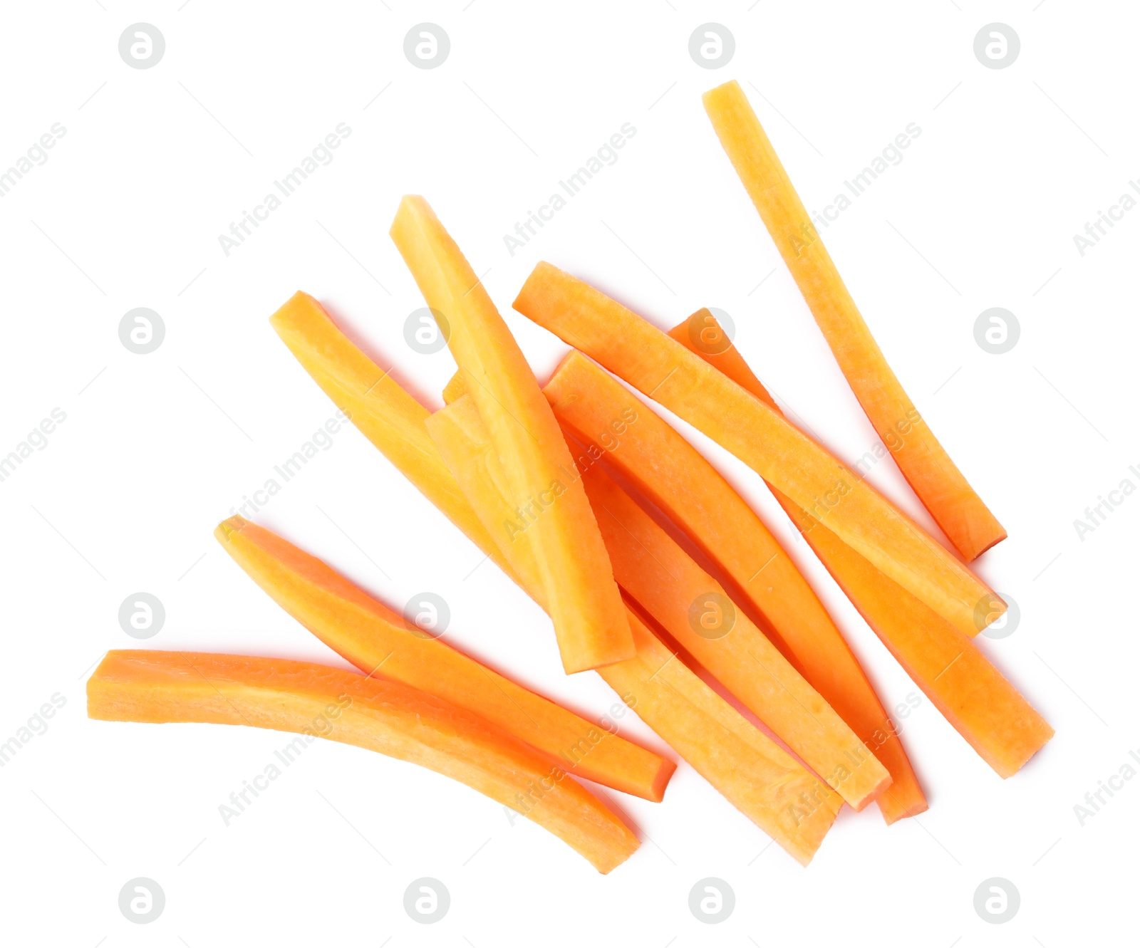 Photo of Fresh ripe carrot sticks isolated on white, top view