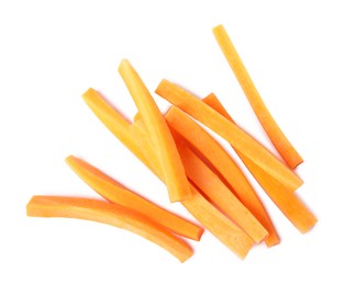 Fresh ripe carrot sticks isolated on white, top view