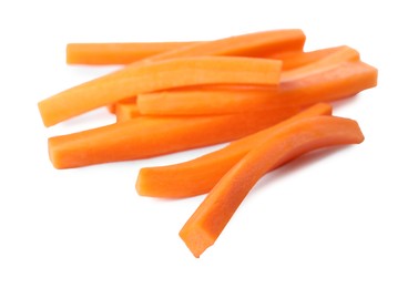 Photo of Fresh ripe carrot sticks isolated on white