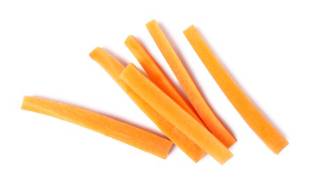 Fresh ripe carrot sticks isolated on white, top view