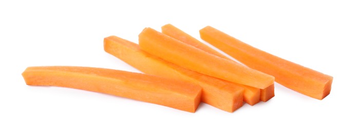 Fresh ripe carrot sticks isolated on white