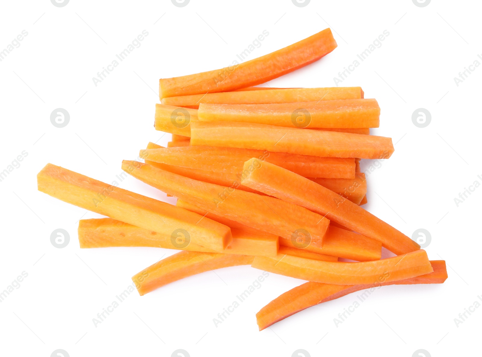 Photo of Fresh ripe carrot sticks isolated on white