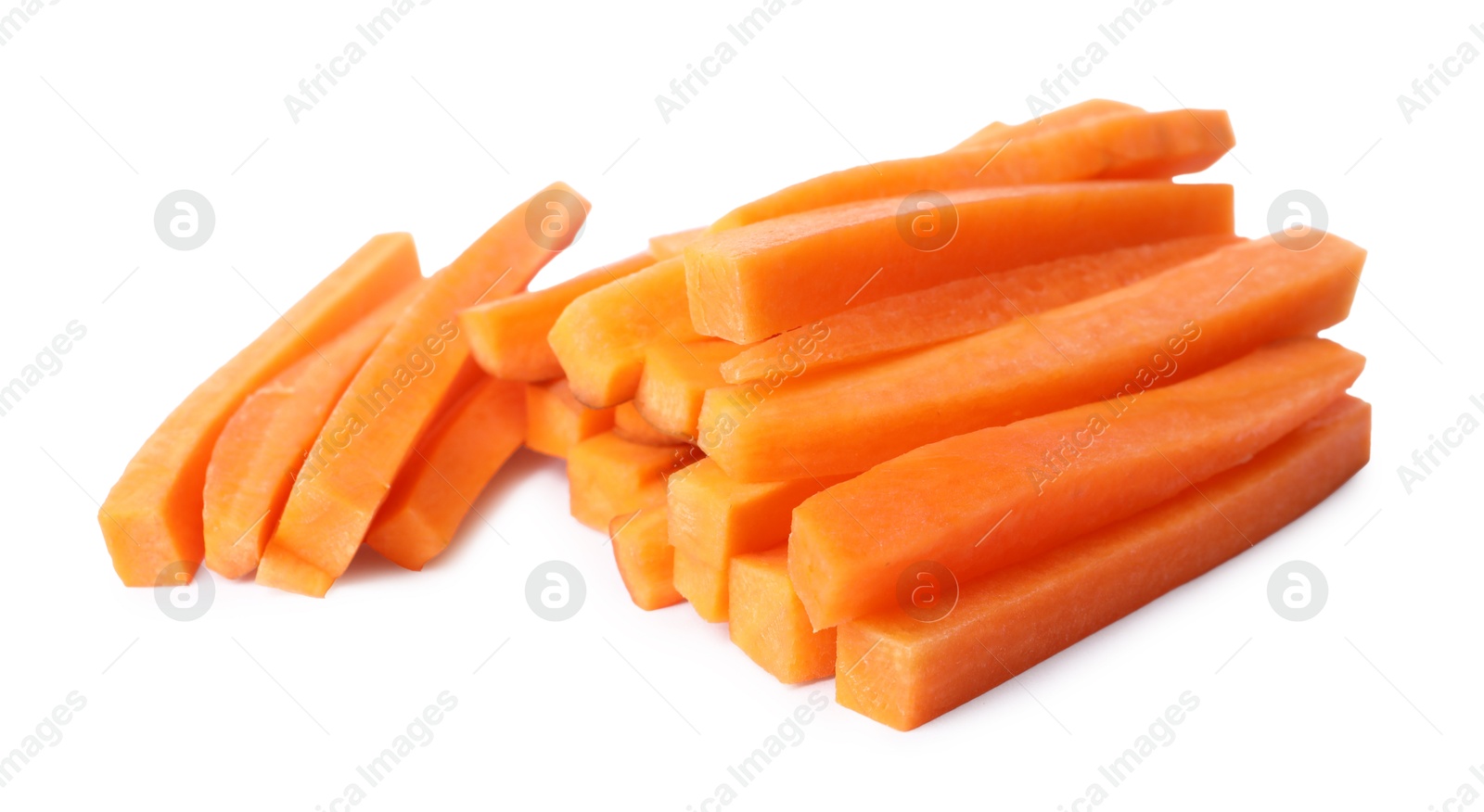 Photo of Fresh ripe carrot sticks isolated on white