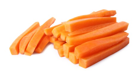 Photo of Fresh ripe carrot sticks isolated on white