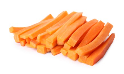 Fresh ripe carrot sticks isolated on white