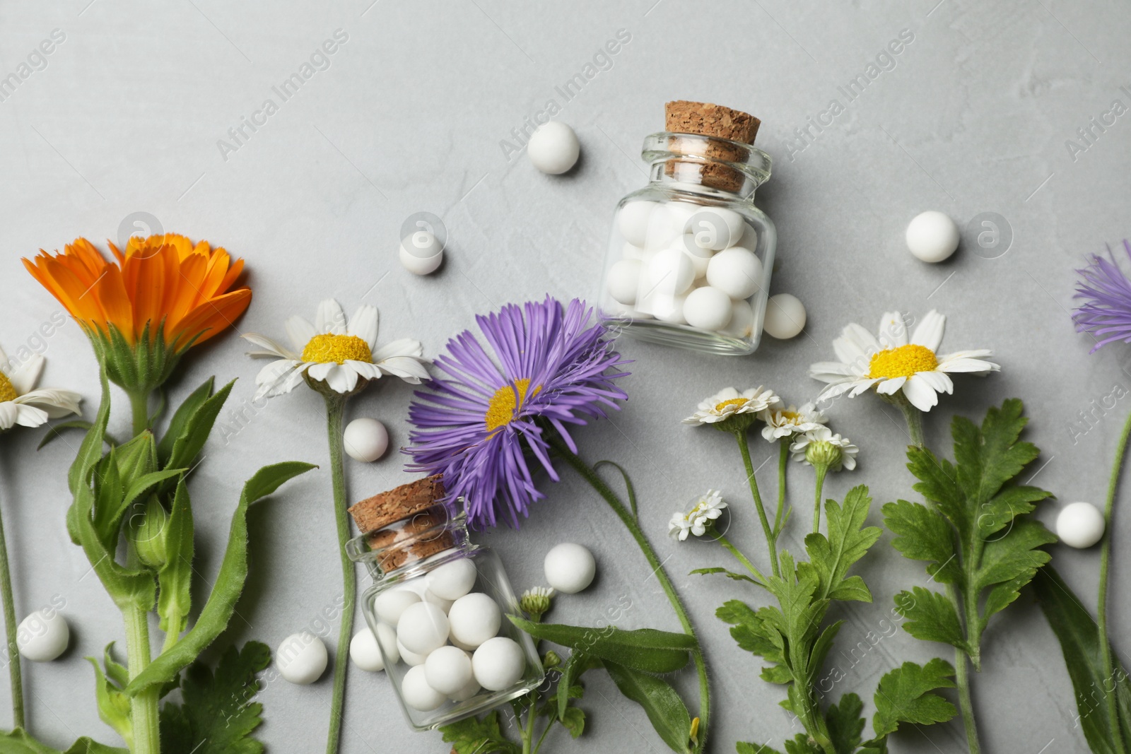 Photo of Homeopathic remedy. Different flowers, pills and glass bottles on grey table, flat lay