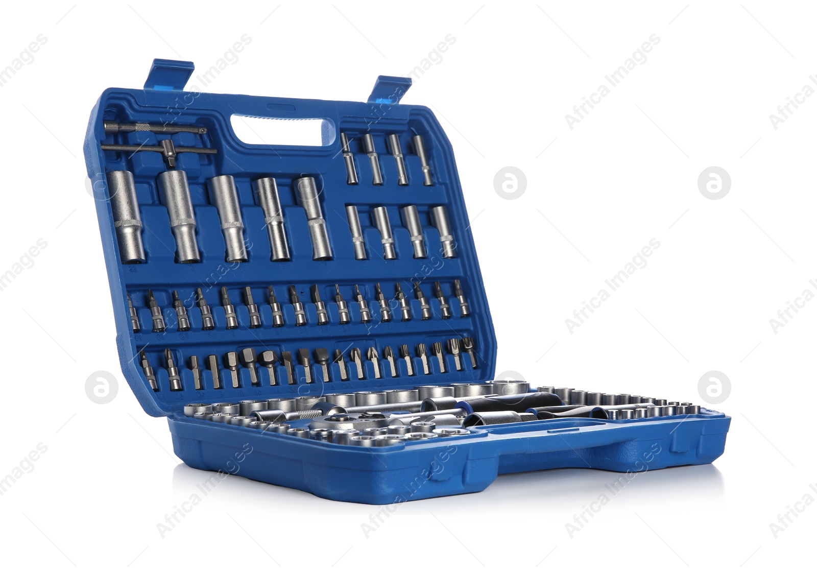 Photo of Set of auto mechanic's tools in box isolated on white