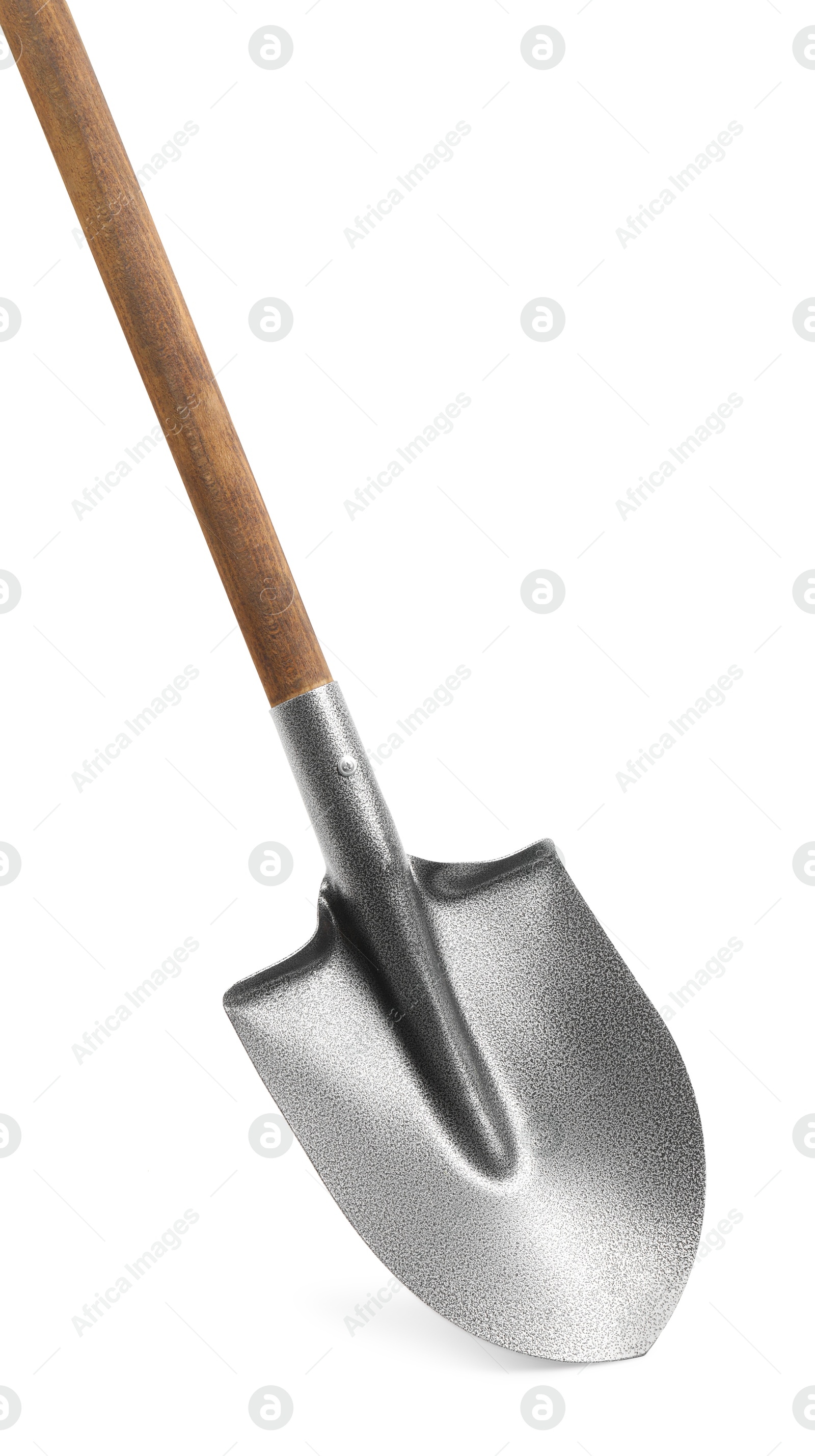 Photo of Metal shovel with wooden handle isolated on white