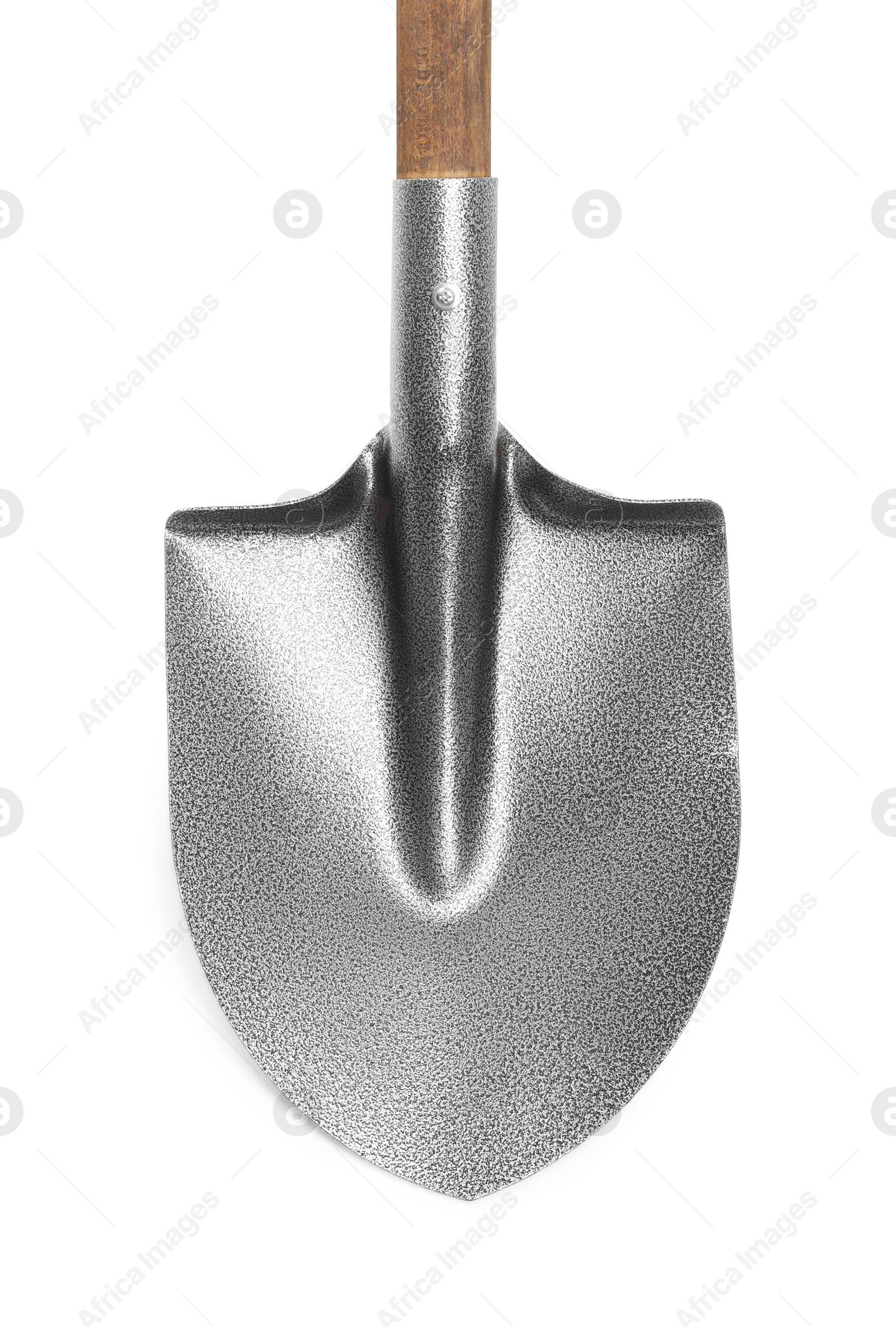 Photo of Metal shovel with wooden handle isolated on white, top view