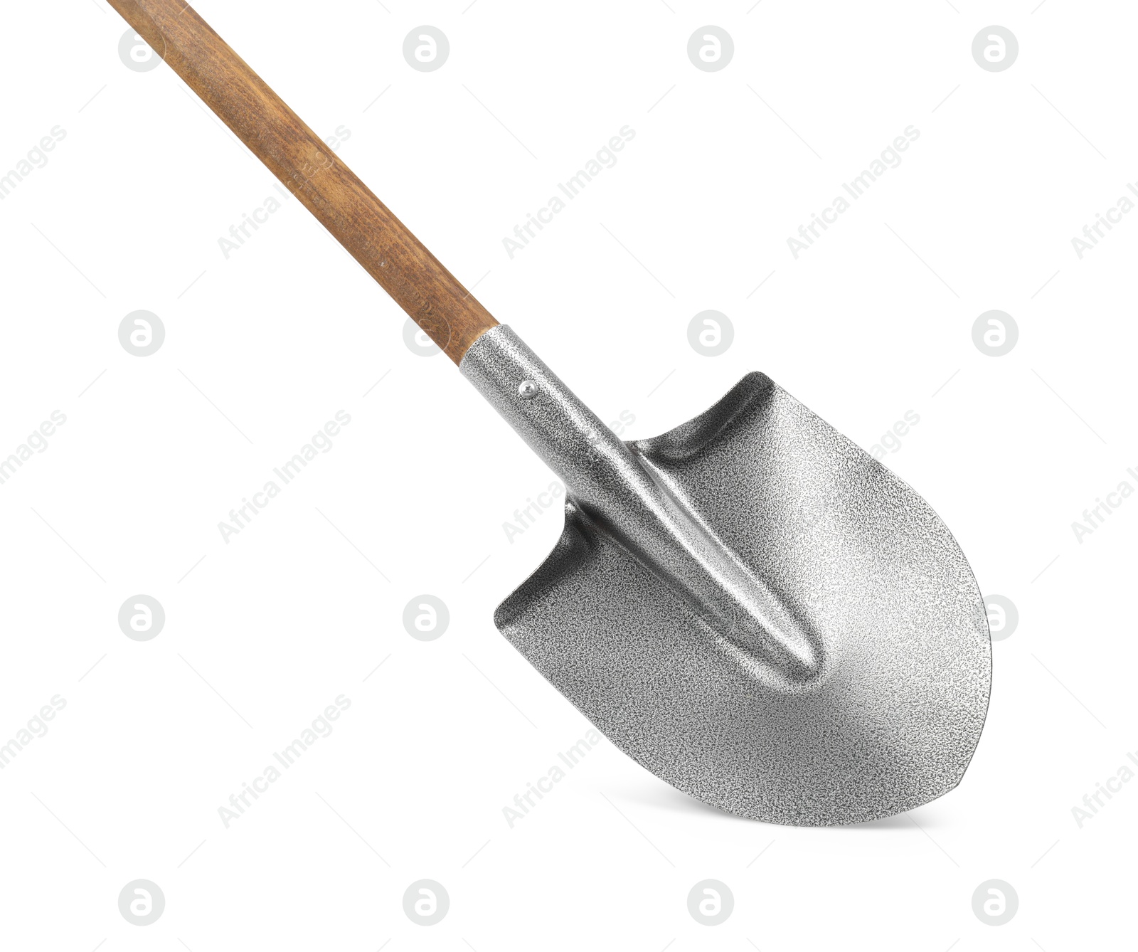 Photo of Metal shovel with wooden handle isolated on white