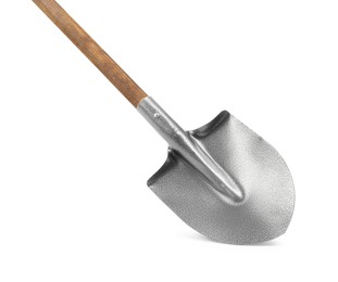 Photo of Metal shovel with wooden handle isolated on white