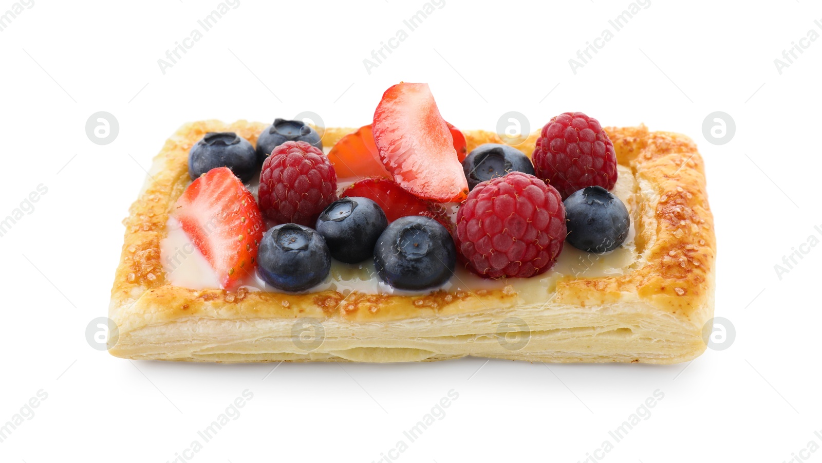 Photo of Tasty puff pastry with berries isolated on white