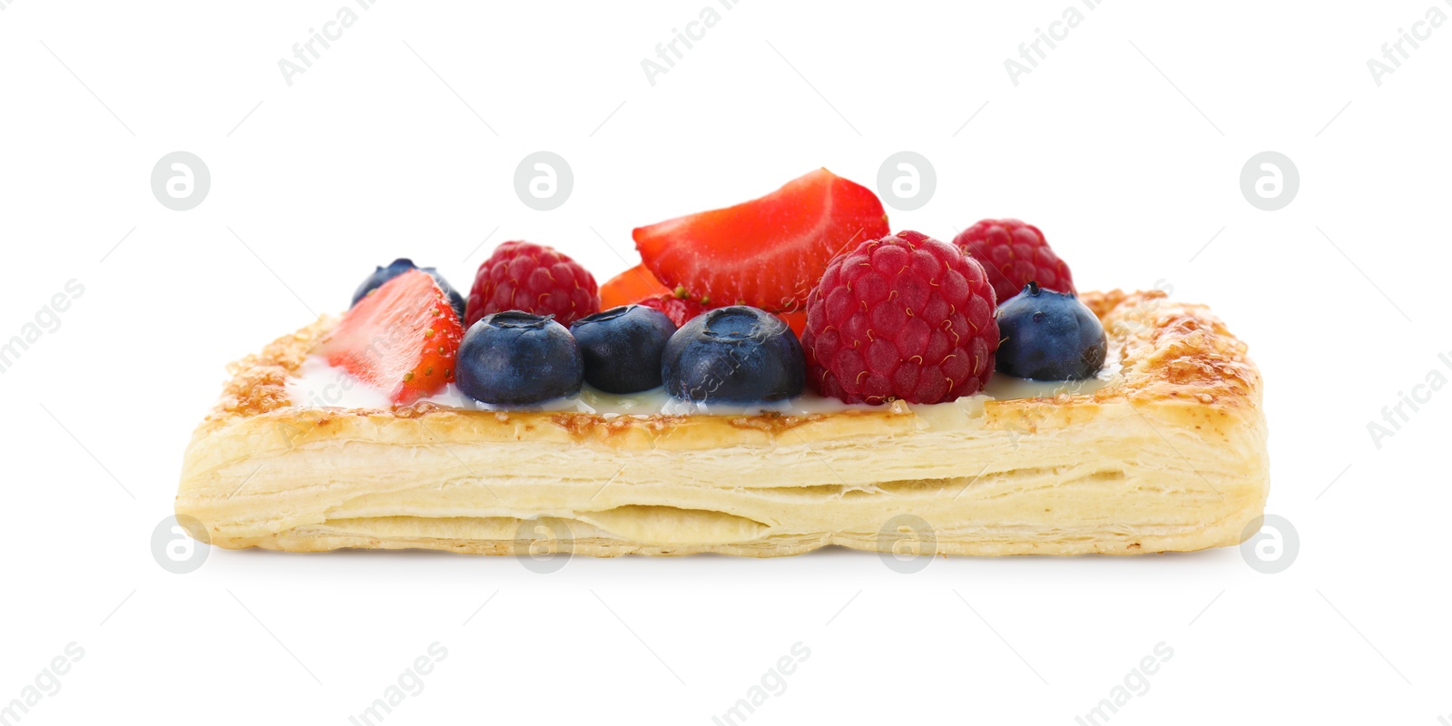 Photo of Tasty puff pastry with berries isolated on white