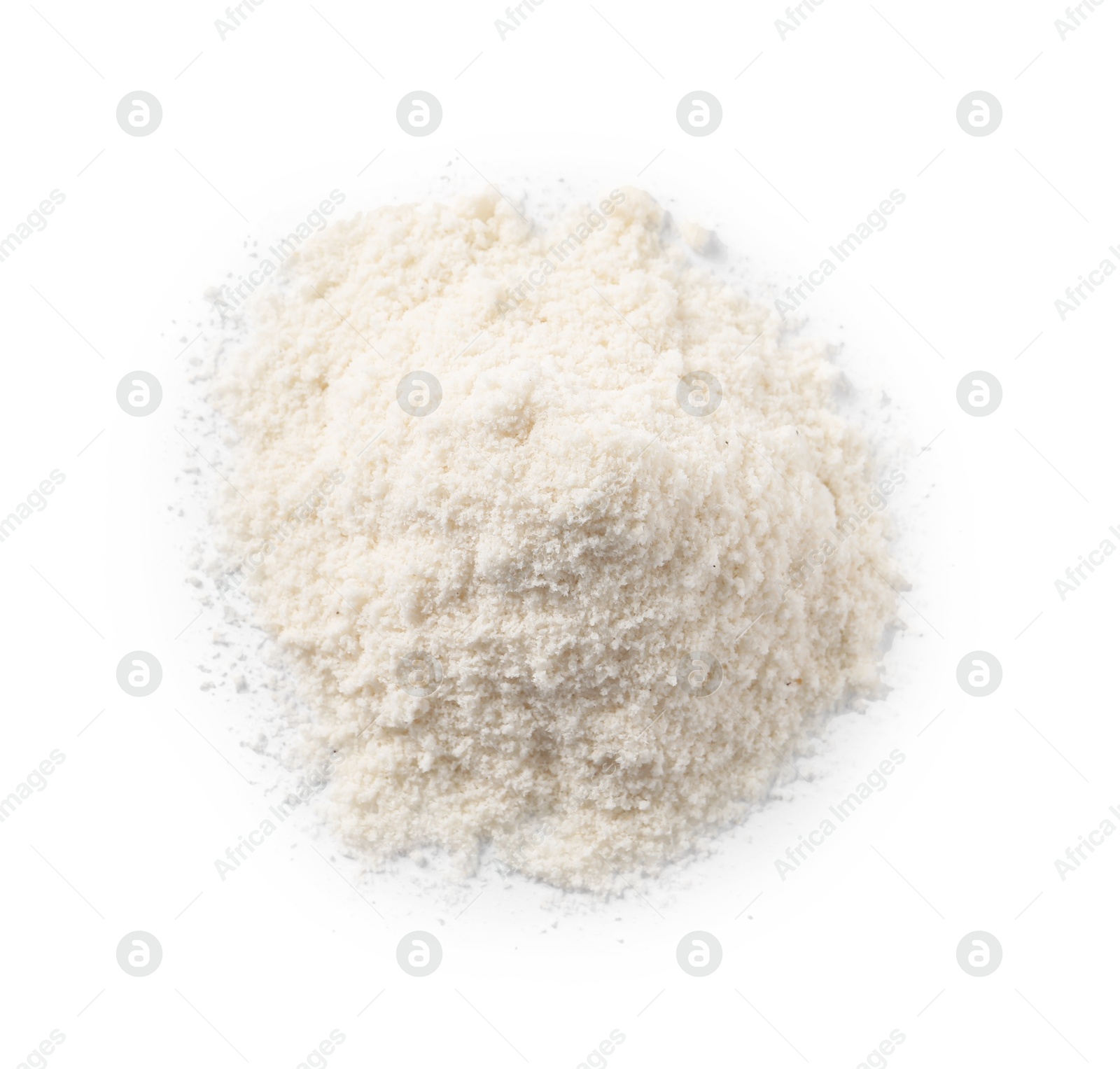 Photo of Heap of coconut flour isolated on white, top view