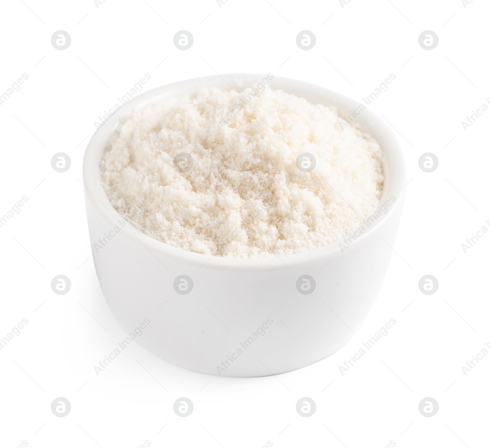 Photo of Fresh coconut flour in bowl isolated on white