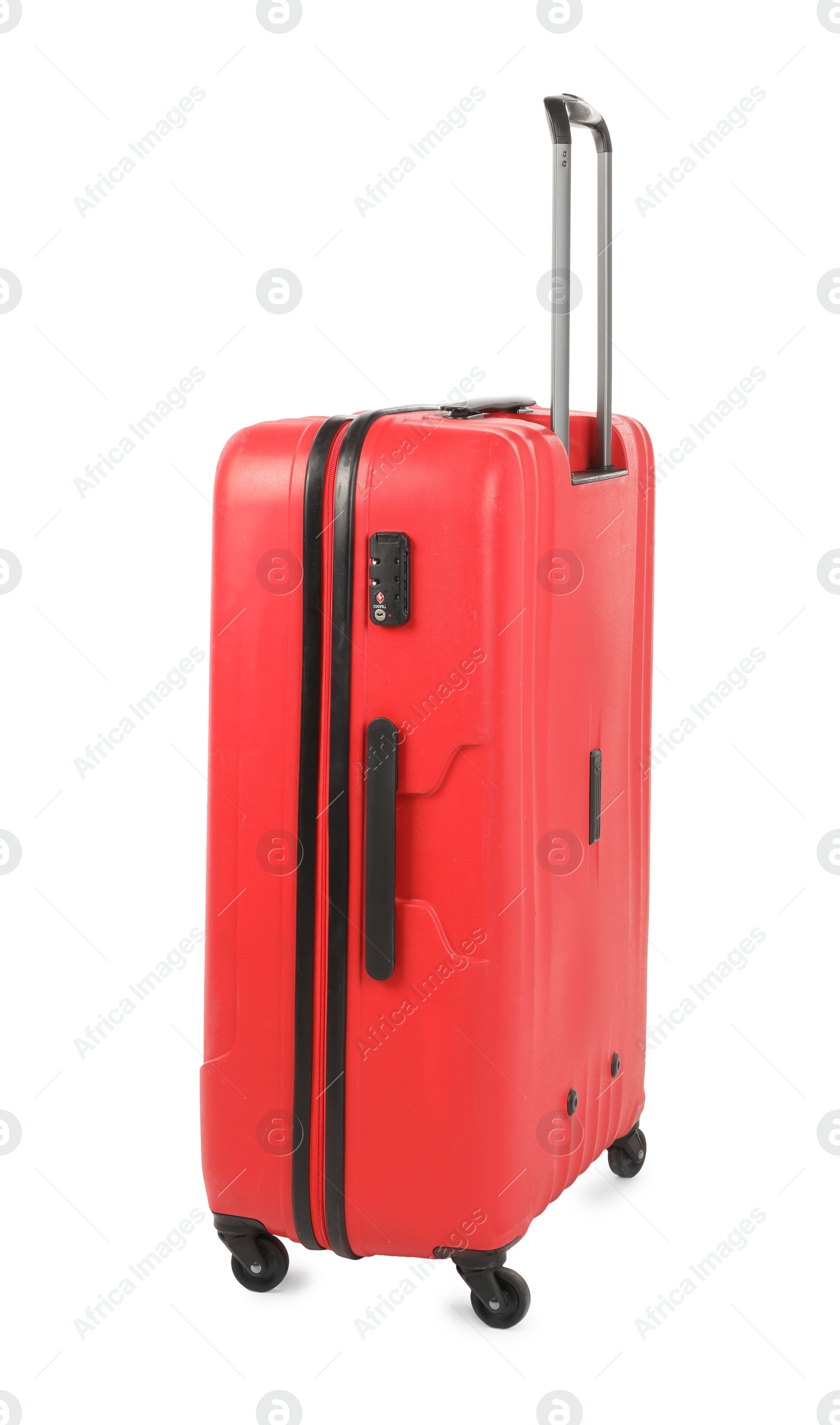 Photo of One new red suitcase isolated on white