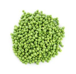 Photo of Pile of fresh green peas isolated on white, top view