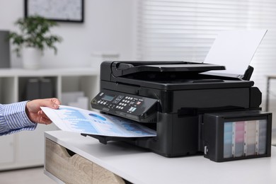 Woman using modern printer at workplace indoors, closeup