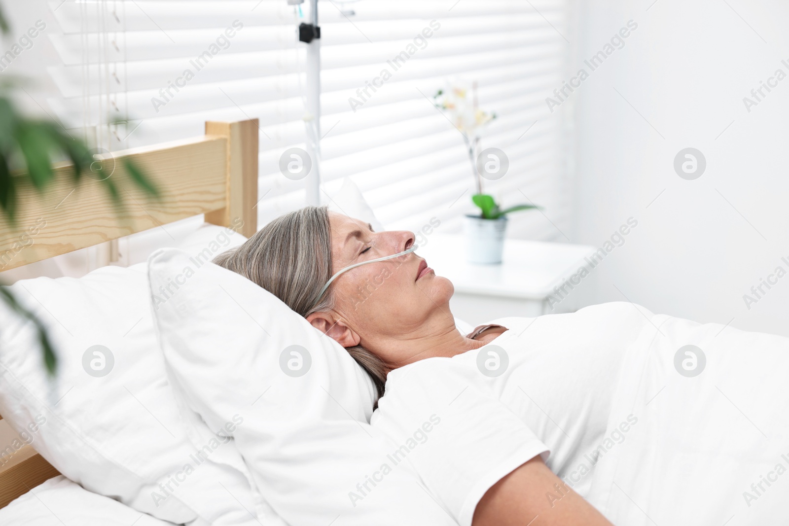 Photo of Coma patient. Mature woman sleeping in hospital bed