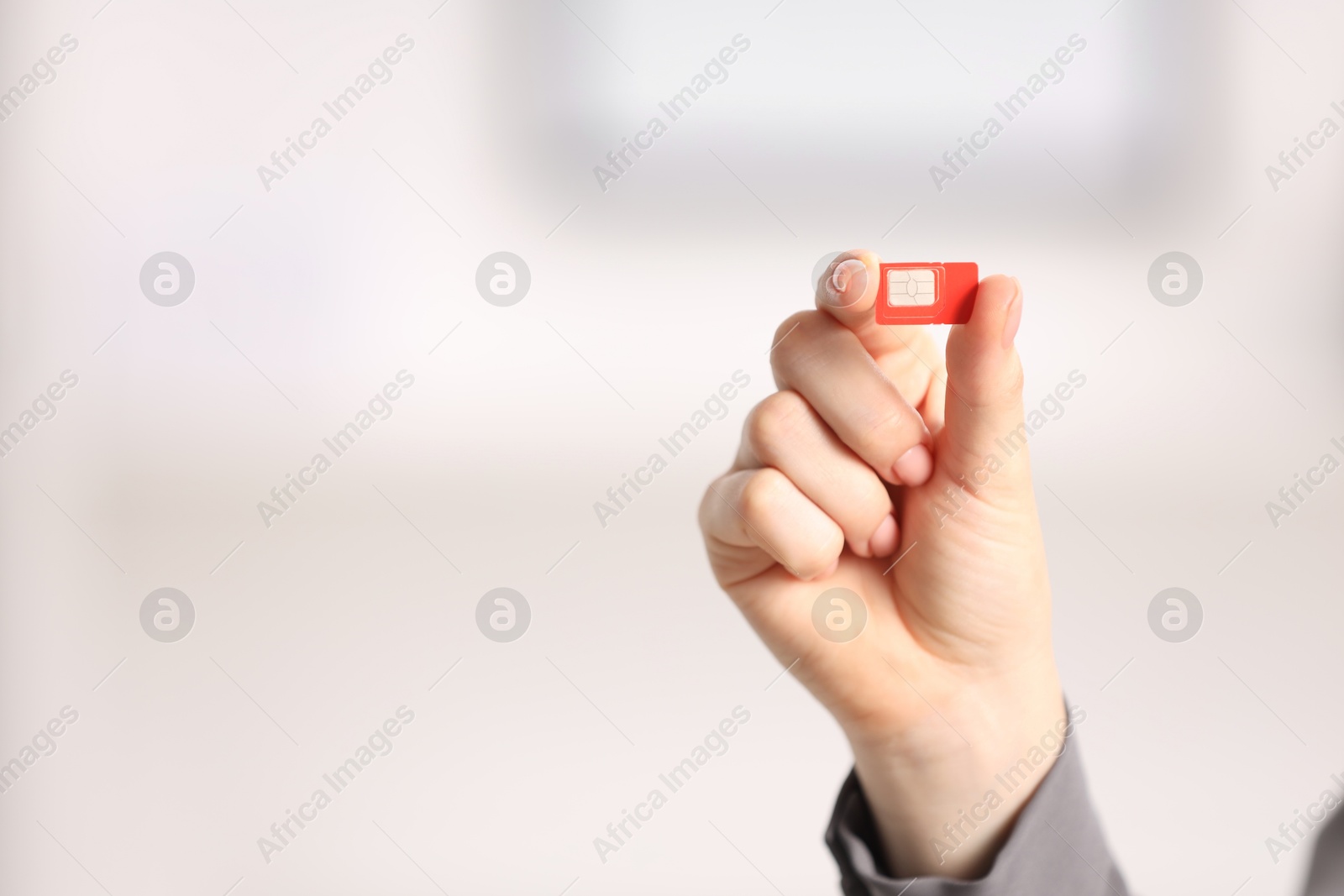 Photo of Woman holding SIM card indoors, closeup. Space for text