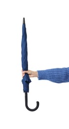 Woman with blue umbrella on white background, closeup