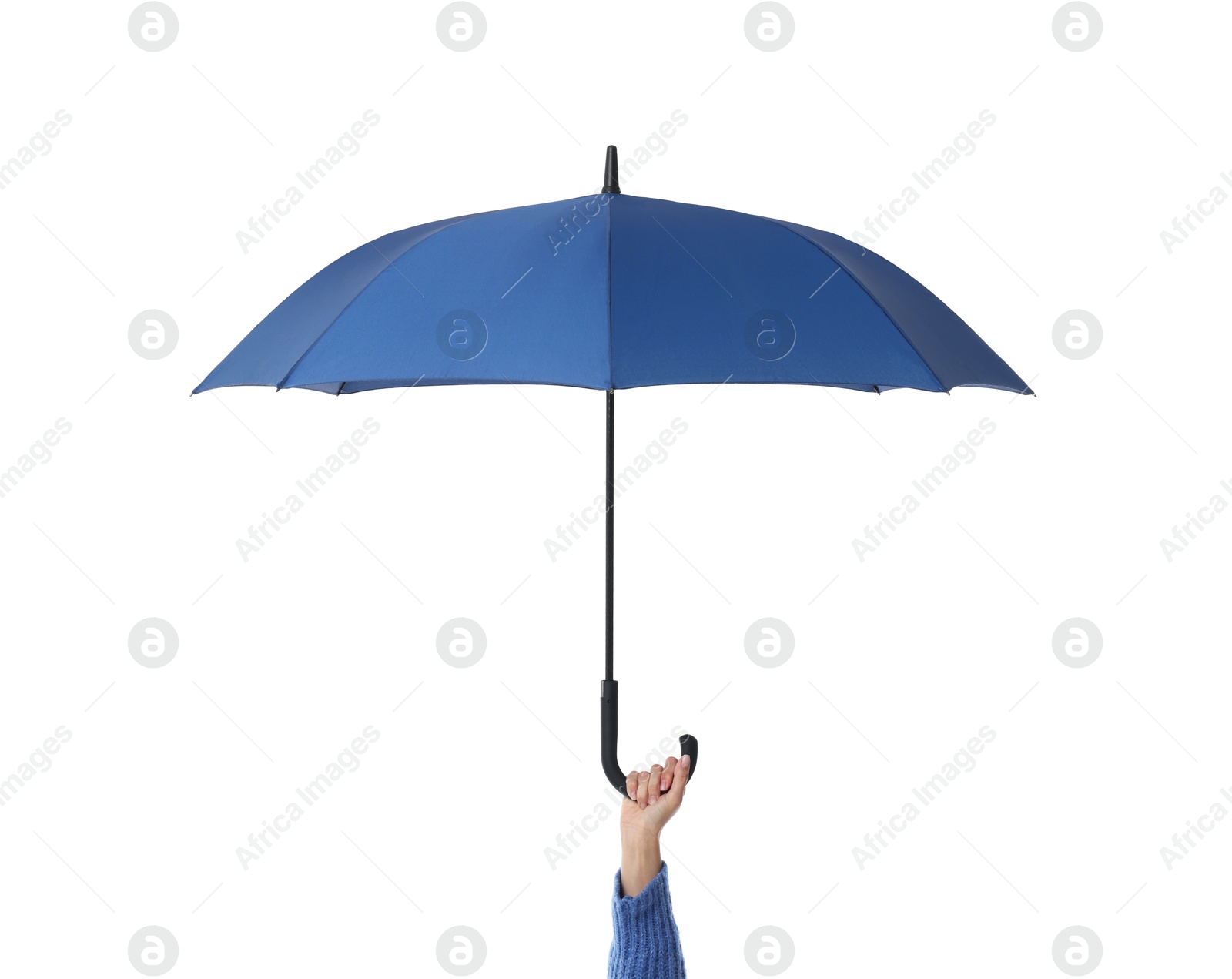 Photo of Woman with blue umbrella on white background, closeup